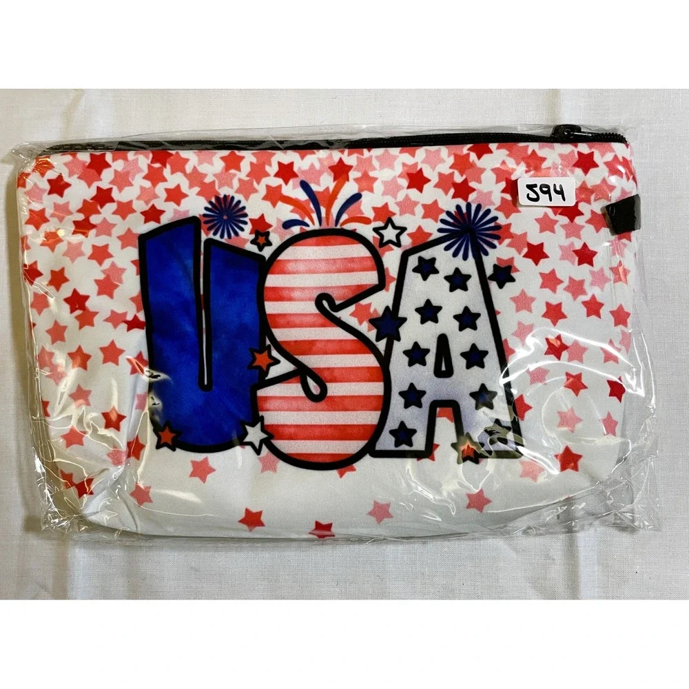 Unbranded‎ Cosmetic Bag Women 8x5 Red White Blue New USA Stars Patriotic Pouch